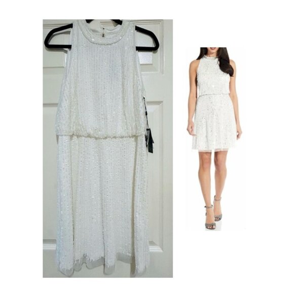 Adrianna Papell Sequin Embellished Blouson Dress White Size 10 NWT - Picture 1 of 7